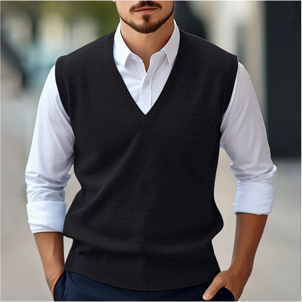 Men's Vest Sweater Classic Fit Fine Knit V Neck Ribbed Edges For Layering Wardrobe Essential