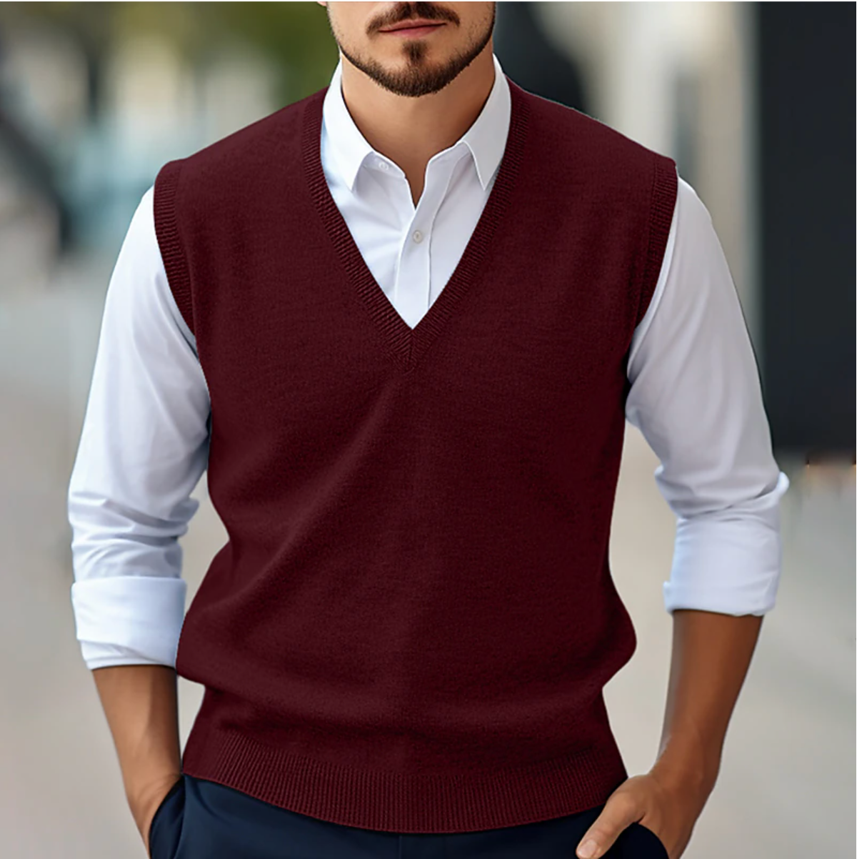 Men's Vest Sweater Classic Fit Fine Knit V Neck Ribbed Edges For Layering Wardrobe Essential