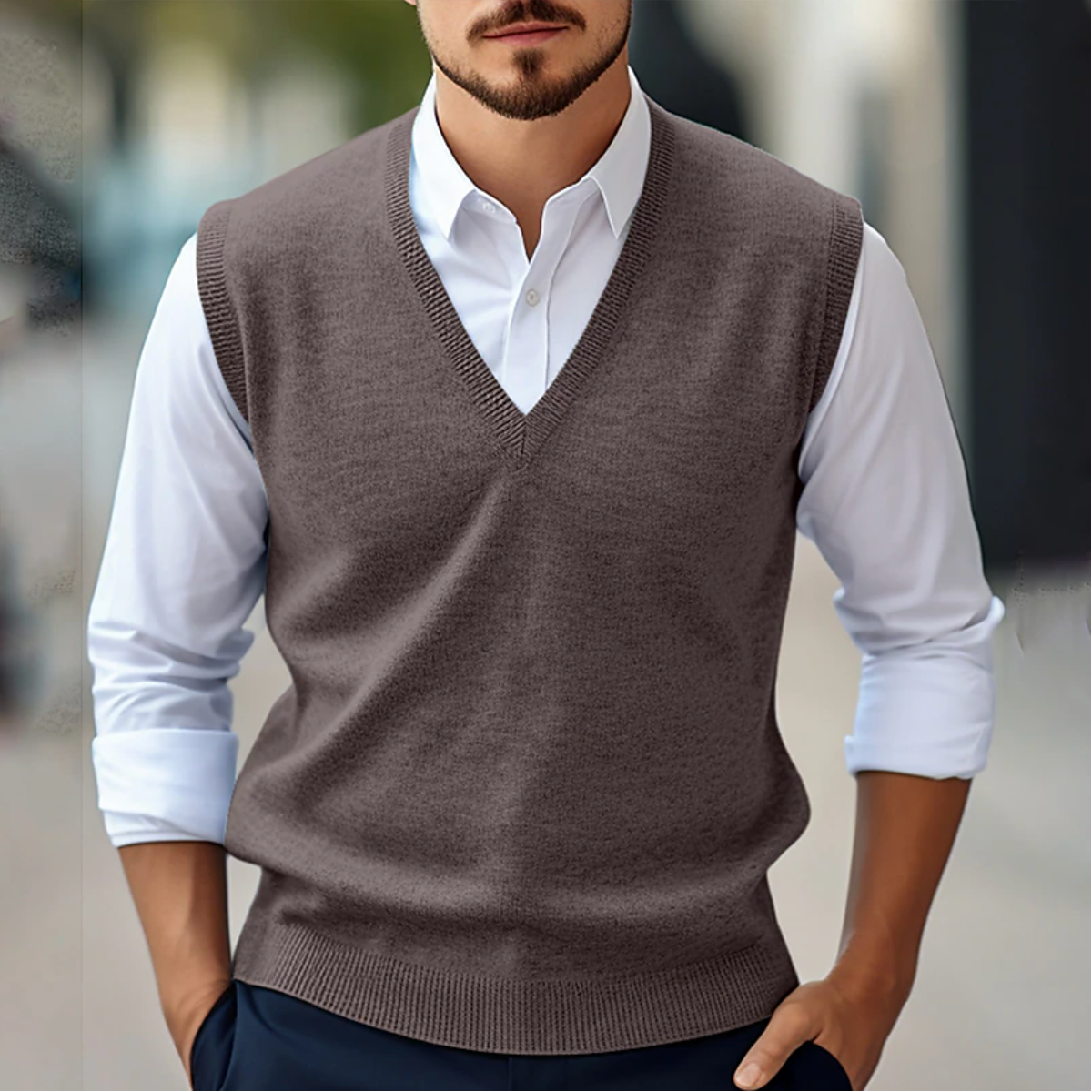 Men's Vest Sweater Classic Fit Fine Knit V Neck Ribbed Edges For Layering Wardrobe Essential