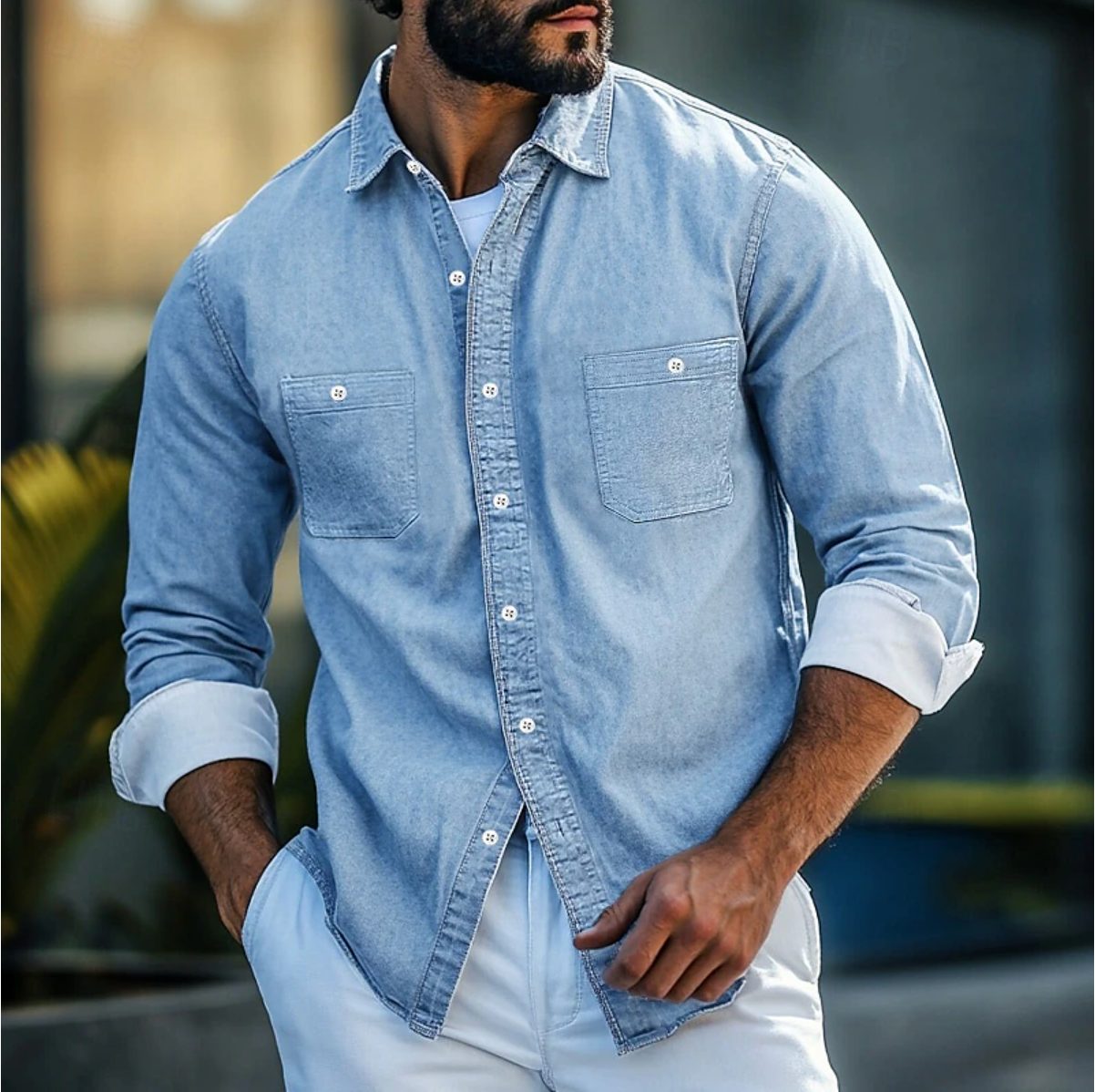 Street-Wave Men's Denim Shirt Regular Fit Long Sleeve Button Down With Chest Pockets Navy