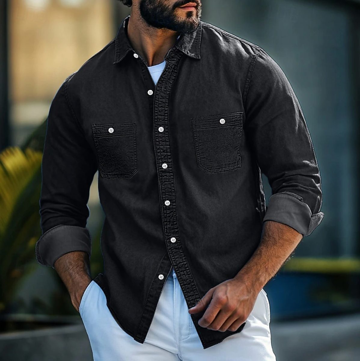 Street-Wave Men's Denim Shirt Regular Fit Long Sleeve Button Down With Chest Pockets Navy