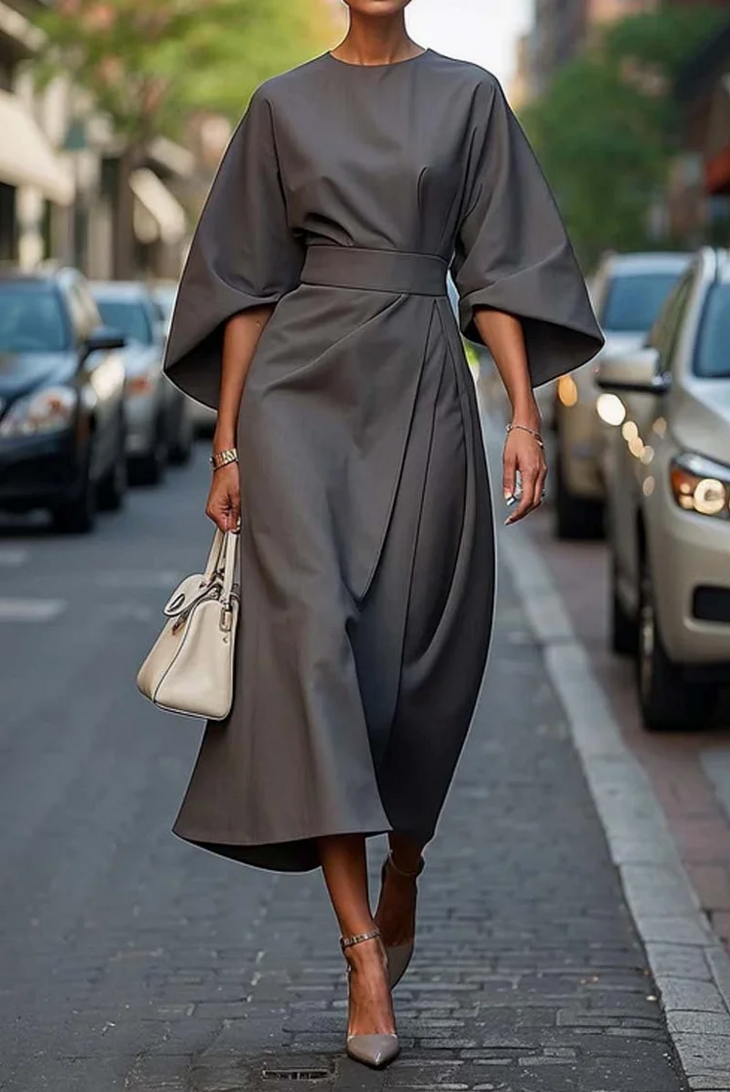 Grace Lantern Sleeve Belt Dress Street Wave For Formal Events