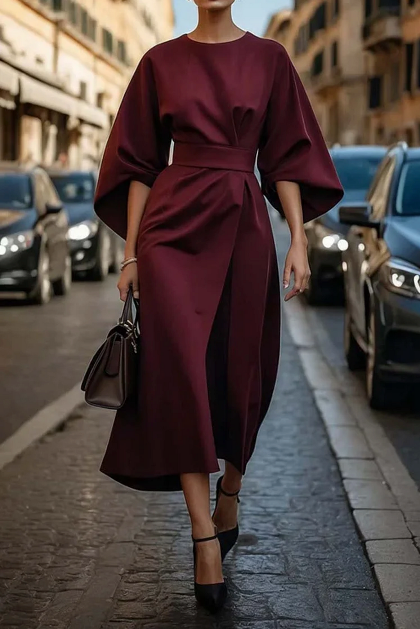 Grace Lantern Sleeve Belt Dress Street Wave For Formal Events