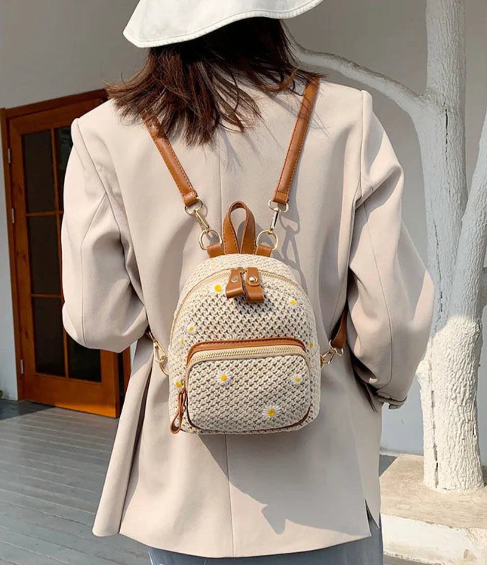 Street-Wave Petite Floré Embroidered Student Bag - Handwoven Straw Texture With Daisy Floral Accents, Compact And Light