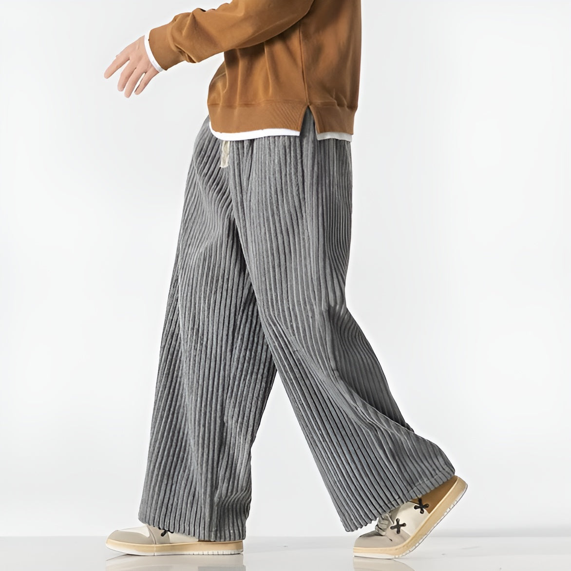 Street-Wave Drift Relaxed Corduroy Pants - Densely Ribbed Texture For Depth And Elastic Drawstring Waist