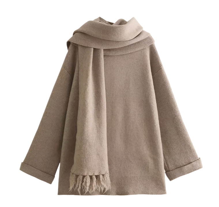 Street Wave Cardigan With Built In Scarf For Women Cozy Warmth And Effortless Chic Layering