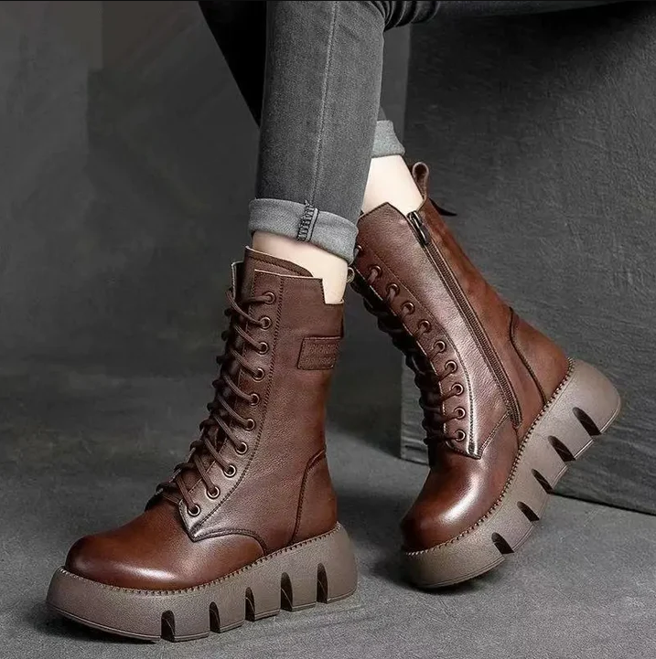 Street-wave Women's Combat Boots Comfortable Fashionable Leather Ankle Boots Versatile Everyday Wear Street-wave