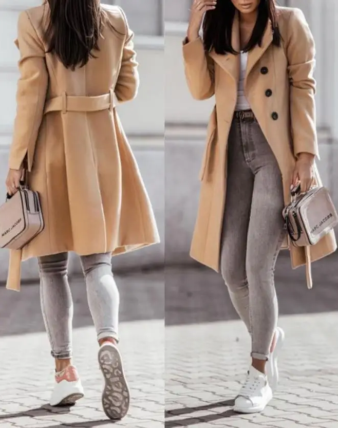 Street-wave Long Stylish Buttoned Coat For Women Elegant Knee Length Outerwear With Classic Buttons