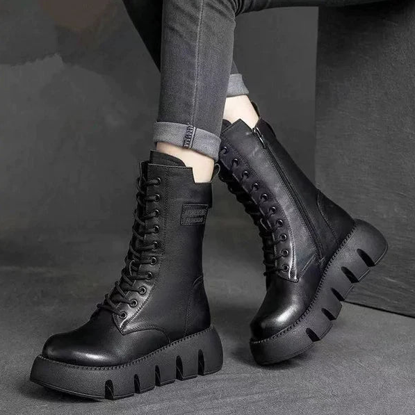 Street-wave Women's Combat Boots Comfortable Fashionable Leather Ankle Boots Versatile Everyday Wear Street-wave