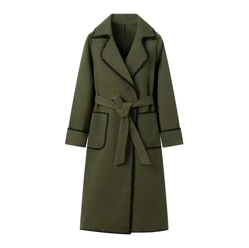 Street-Wave Patchwork Coat For Women Lightweight Longline Belted Chic Design With Contrast Trim