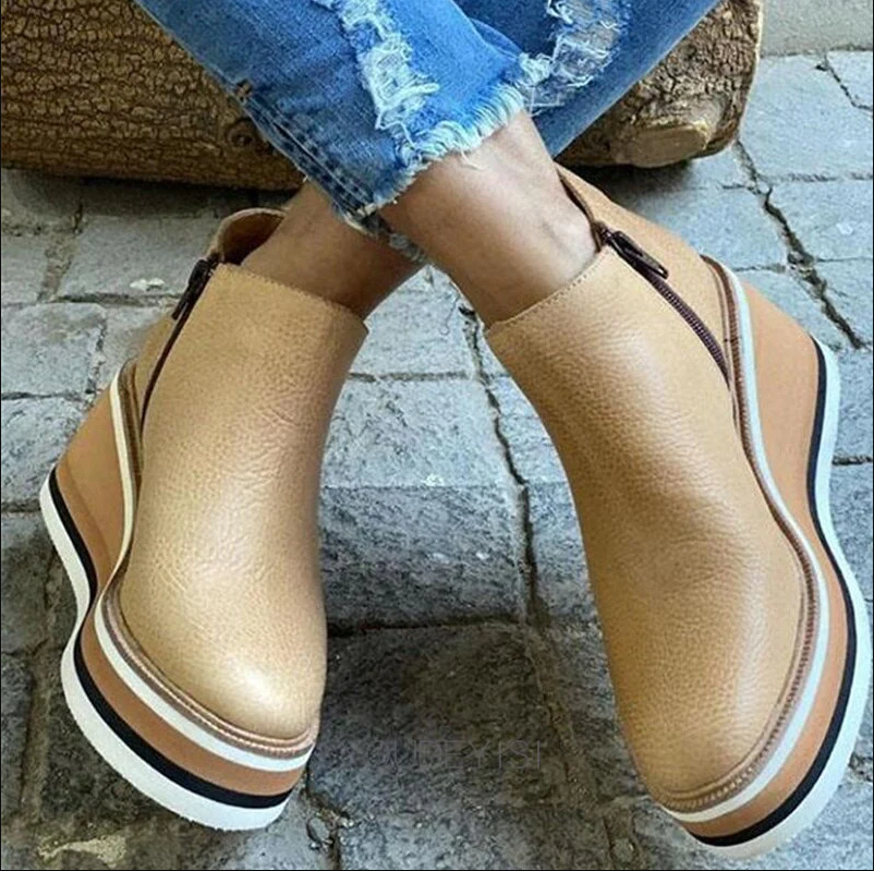 Street-Wave Platform Ankle Boots For Women With Wedge Heel Comfort And Trendy Eco Friendly Leather
