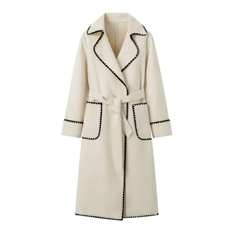 Street-Wave Patchwork Coat For Women Lightweight Longline Belted Chic Design With Contrast Trim