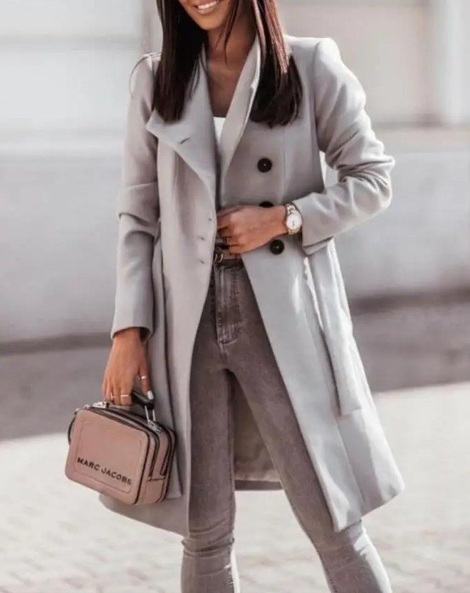 Street-wave Long Stylish Buttoned Coat For Women Elegant Knee Length Outerwear With Classic Buttons