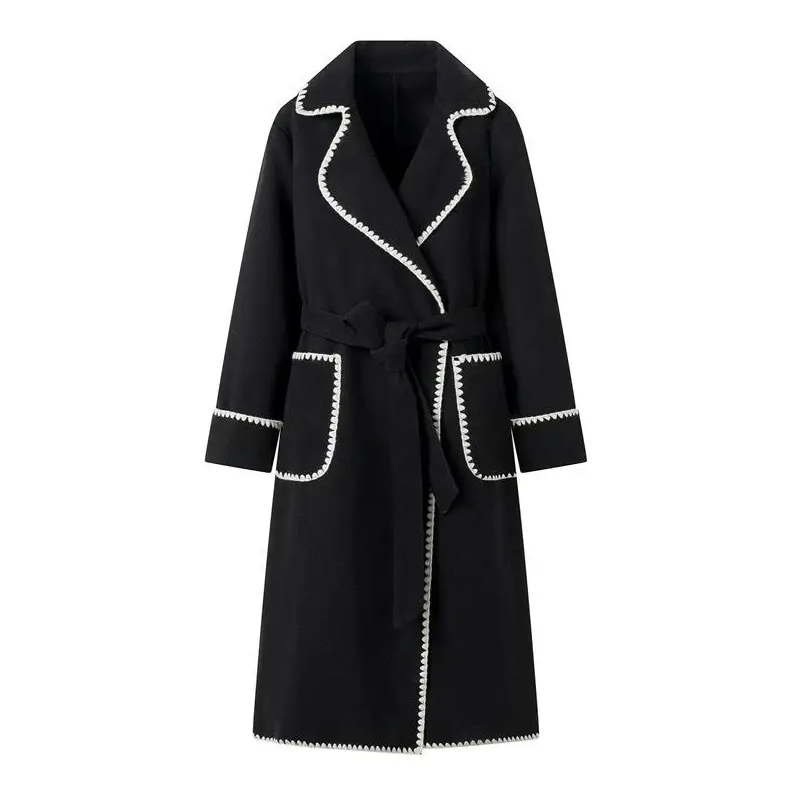 Street-Wave Patchwork Coat For Women Lightweight Longline Belted Chic Design With Contrast Trim