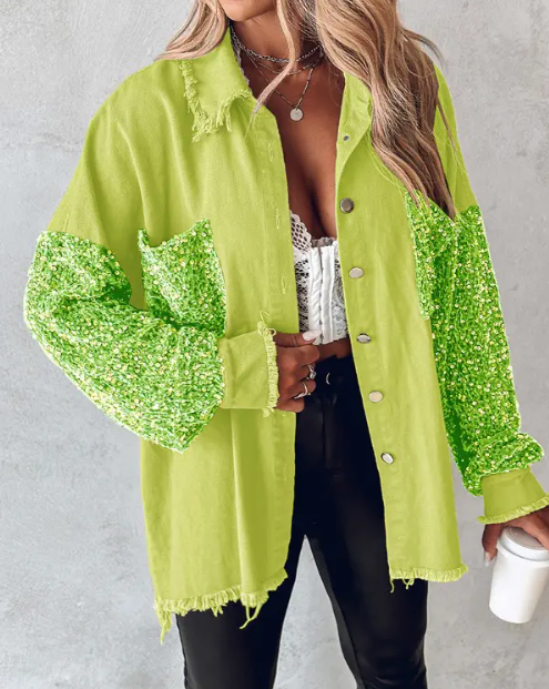 Street-wave Sequin Jacket With Contrast Sleeves For Spring, Glamorous Bold Fashion For Women