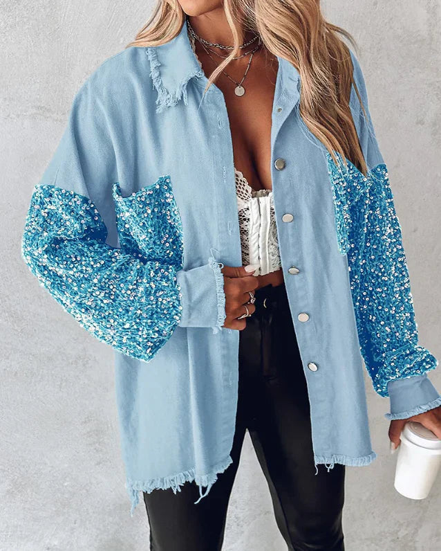 Street-wave Long Sequin Cardigan With Front Button Closure For Women Glamorous Sparkle