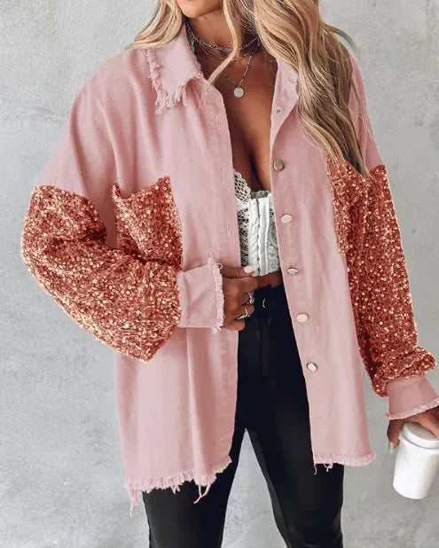Street-wave Long Sequin Cardigan With Front Button Closure For Women Glamorous Sparkle