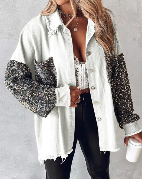 Street-wave Sequin Jacket With Contrast Sleeves For Spring, Glamorous Bold Fashion For Women