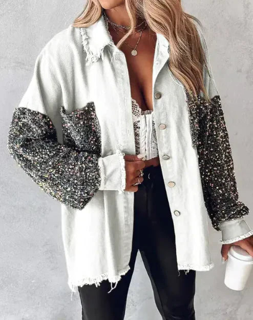 Street-wave Long Sequin Cardigan With Front Button Closure For Women Glamorous Sparkle