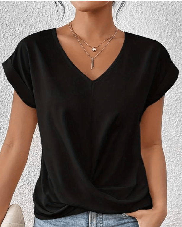 Women's Short Sleeve V-Neck Top with Twist Front and Relaxed Fit