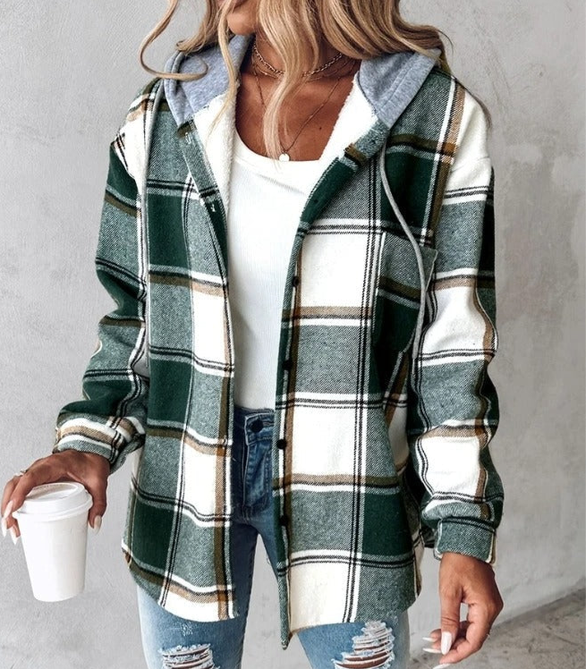 Street-wave Plaid Hooded Jacket For Women Cozy Cotton Blend Relaxed Fit For Autumn Layering