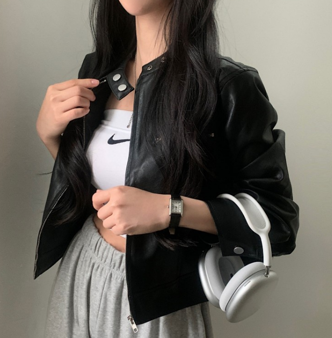 Street Wave Womens Leather Bomber Jacket With Stand Collar And Zip Front Versatile Everyday Wear