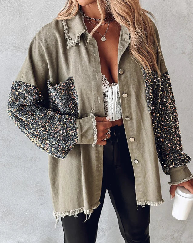 Street-wave Long Sequin Cardigan With Front Button Closure For Women Glamorous Sparkle
