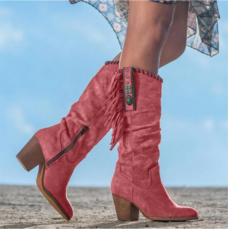 Street-Wave Cowgirl Fringe Western Boots For Women With High Shaft And Chic Western Flair
