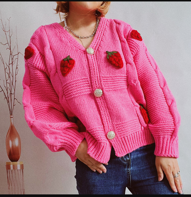 Street-Wave Strawberry Open Front Cardigan For Women Spring Cozy Knitwear With Plush Comfort