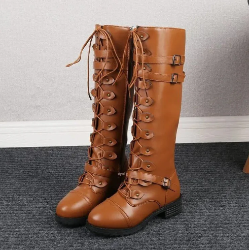 Street-Wave Knee High Lace Up Boots With Side Zip Mid Heel For Fashion Forward Women