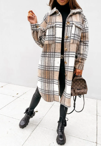 Street-wave Plaid Long Coat For Women Cozy Elegant Spring Outerwear Everyday Chic