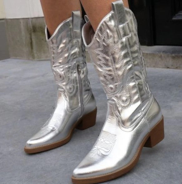 Street-wave Metallic Cowboy Boots For Women Chic Shimmer Modern Western Style Elegant Footwear