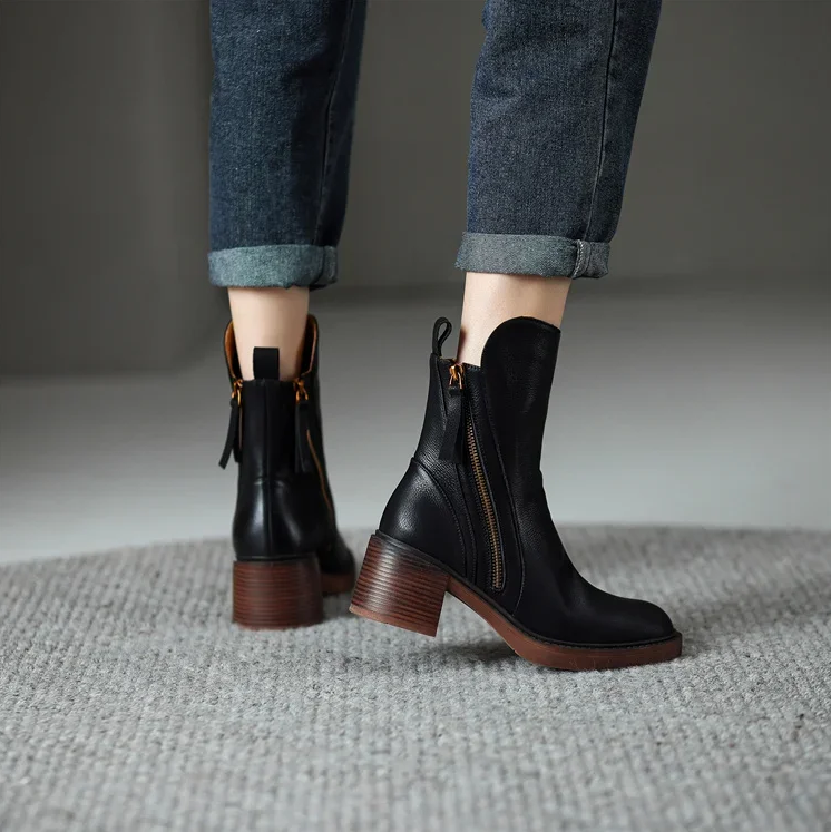 Streetwave Leather Block Heel Ankle Boots For Women Timeless Comfort And Modern Style
