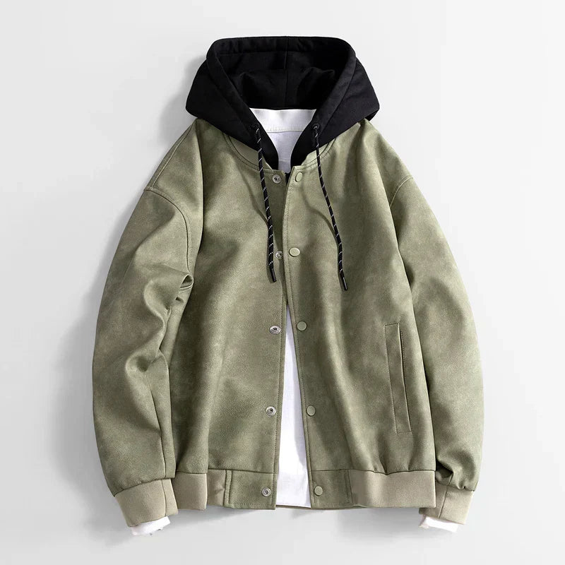Street-wave Vegan Leather Hooded Jacket for Men Durable Soft Comfort Streetwear Style