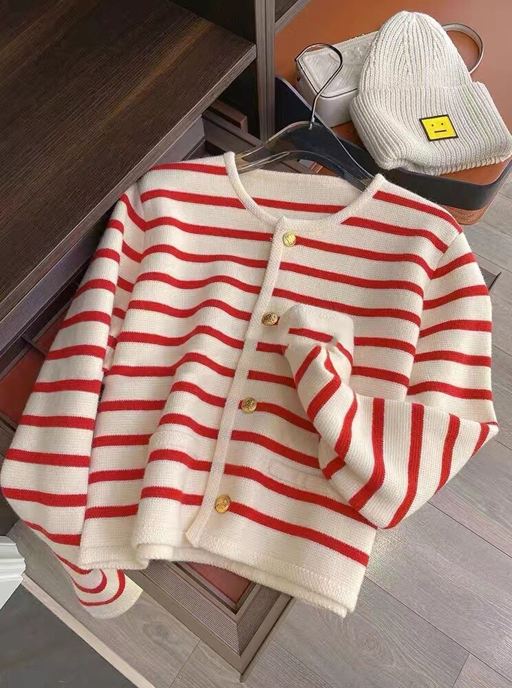 Street-wave Cropped Striped Cardigan For Women With Gold Button Front And Cozy Knitwear