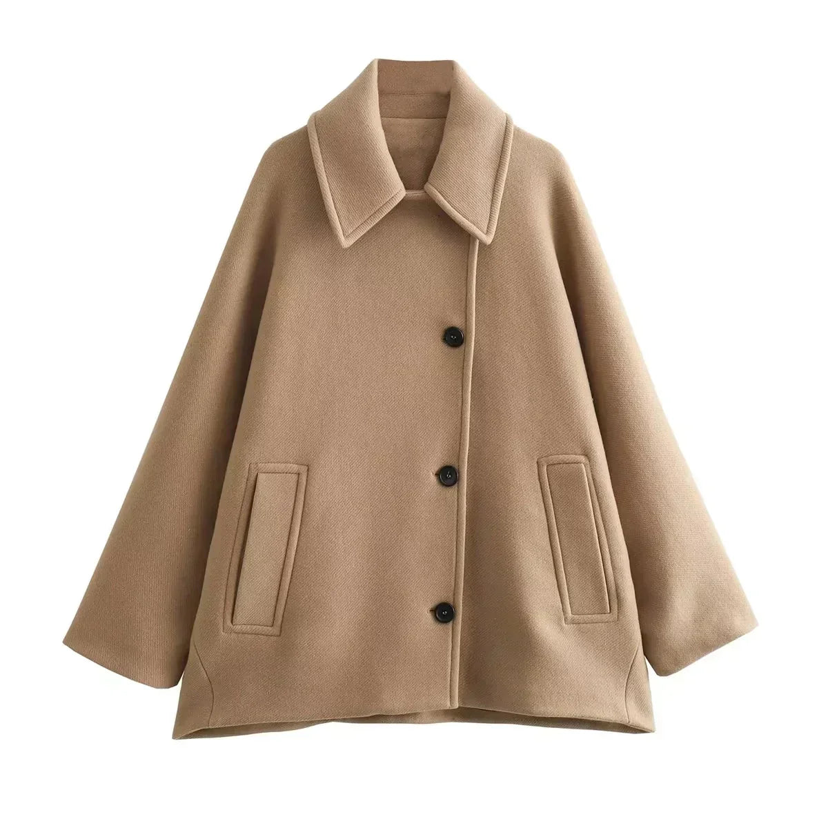 Wool Coat For Women Street-wave Plus Size With Wide Sleeves, Classic Collar, Button Closure