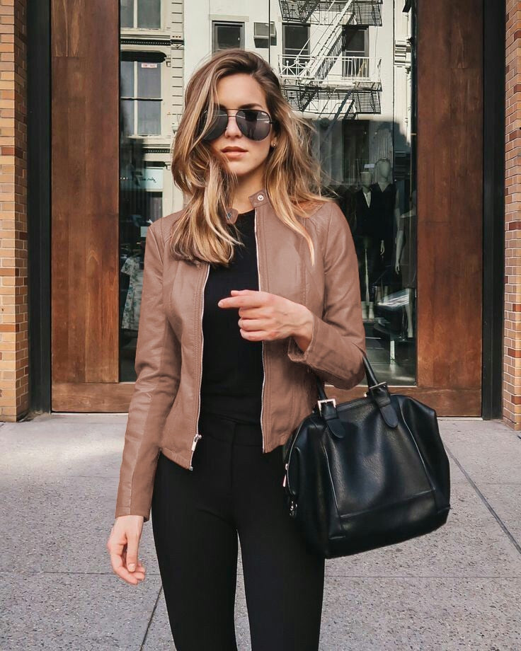 Street-wave Women Slim Fit Leather Jacket With Stand Collar For Urban Chic Minimalist Style