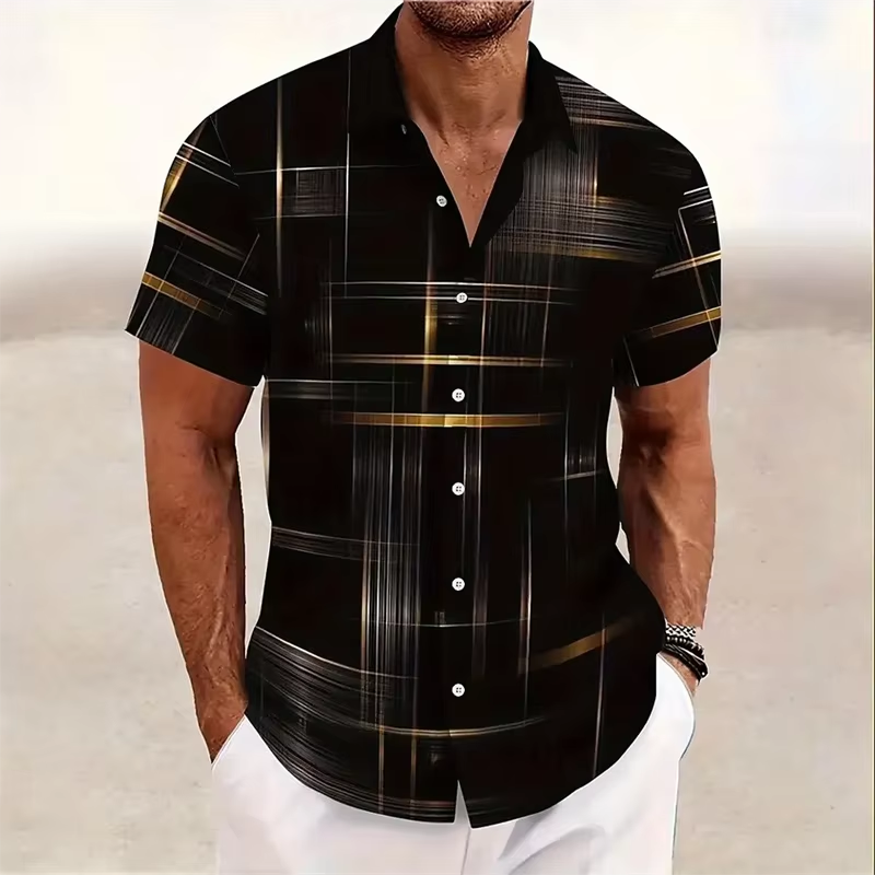 Street-Wave Men's 3D Geometric Plaid Short Sleeve Button Down Shirt For Modern Casual Style