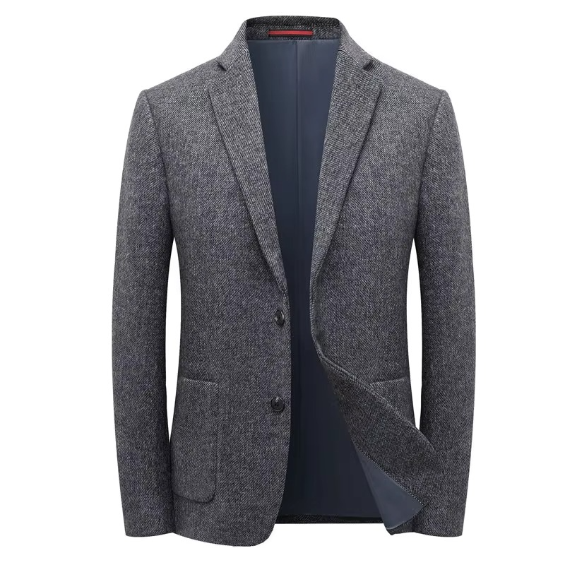 Street-Wave Mens Elegant Wool Tweed Blazer Beige Coffee Gray Business Casual Winter Jacket