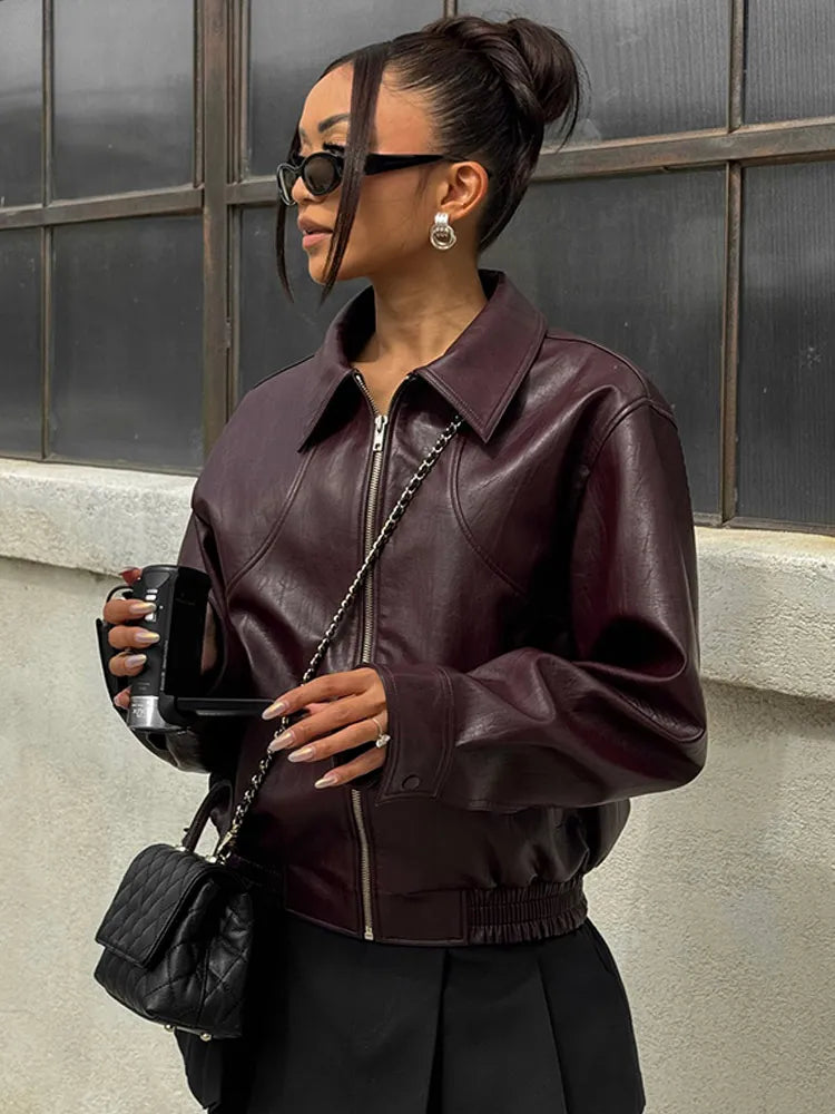 Street-wave Burgundy Leather-Look Jacket For Urban Explorers With Durable Polyester And Zipper Closure Front Pocket