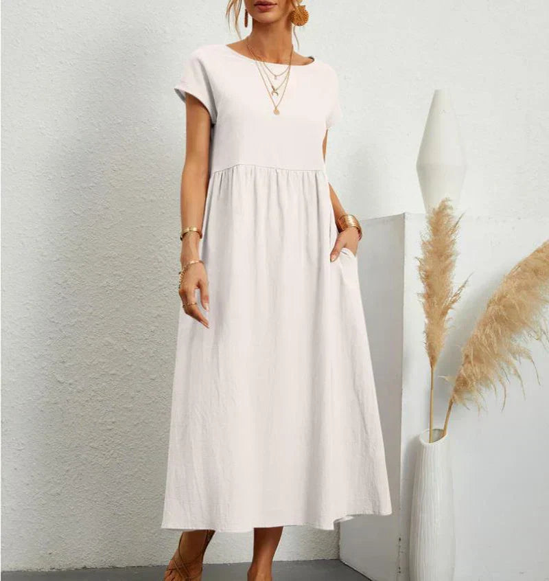Street Wave Women's Midi Dress With Comfortable Structured Bust Detail Airy Cotton Linen Blend For Everyday Summer Look