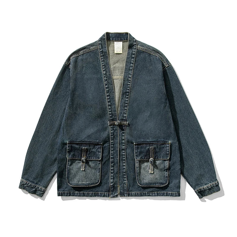 Shinjuku Ronin Denim Kimono Jacket For Men With Wide Sleeves And Large Front Pockets Street-Wave