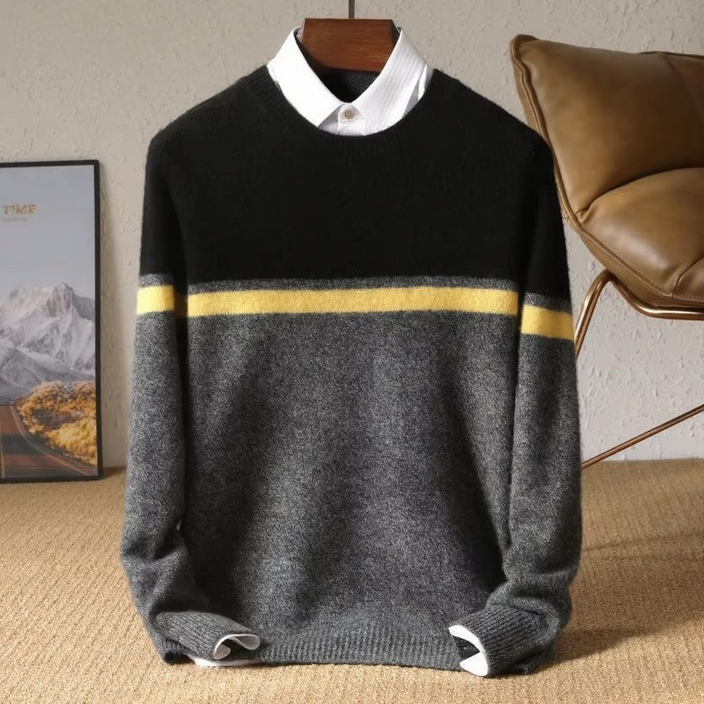 Street-Wave Men's 100% Merino Wool Sweater With Contrast Panel Design For Warmth And Breathable Comfort