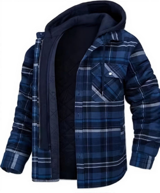 Mens Winter Thick Hooded Plaid Jacket Warm Insulated Casual Trendy Outerwear Street-Wave