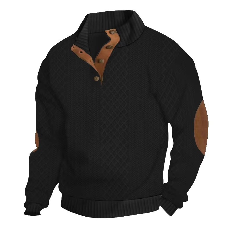 Men's Jacquard Knit Button Front Sweater With Standing Collar Long Sleeve For Casual Weekend Wear