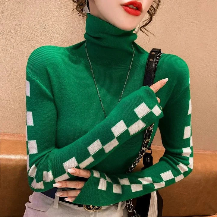 Maude Turtleneck Sweater For Women Slim Fit Warm Knit With Checker Stripe Sleeves Streetwave