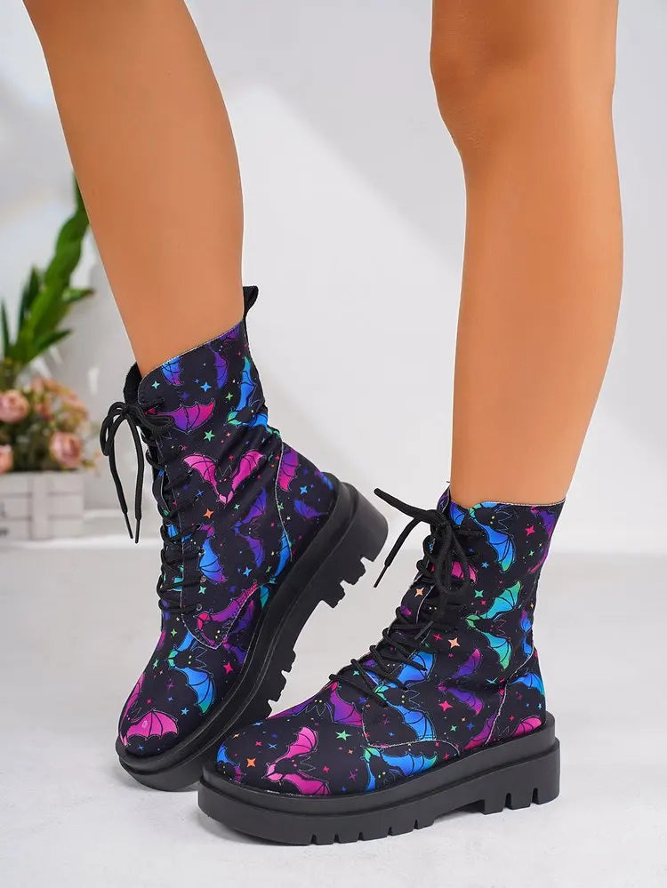 Street-wave Women's Lace-Up Boots Floral Print All-Season Comfort Chunky Lug Sole Casual Wear