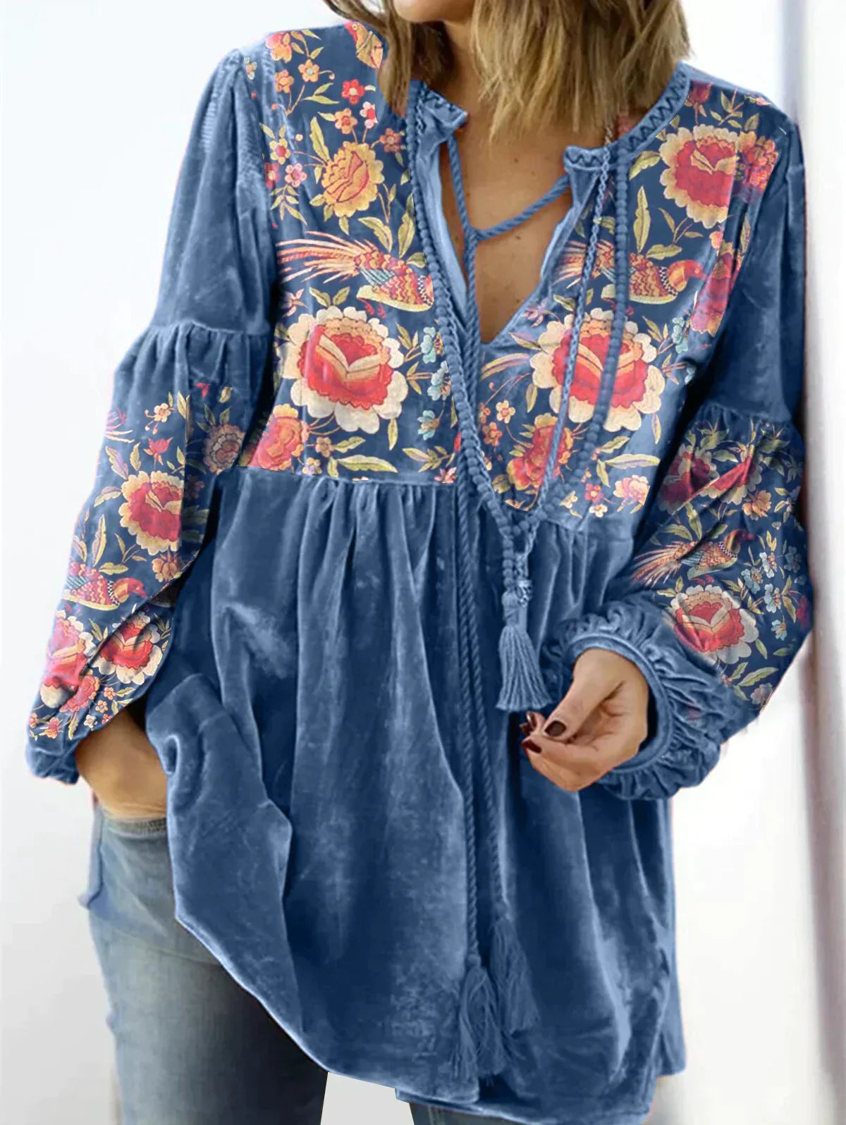 Camilla Vintage Floral Velvet V Neck Pullover For Women Boho Chic Essential Soft Velvet Texture