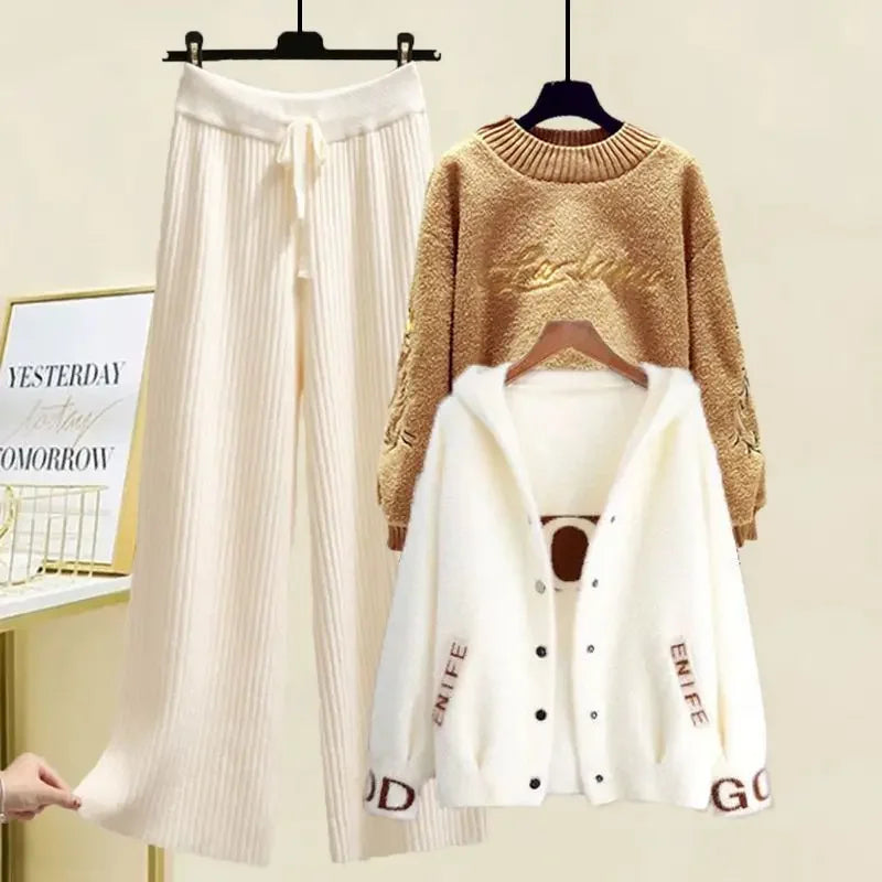 Street-wave Women Winter Three-Piece Set Cozy Knit Cardigan Sweater With Elegant Coat