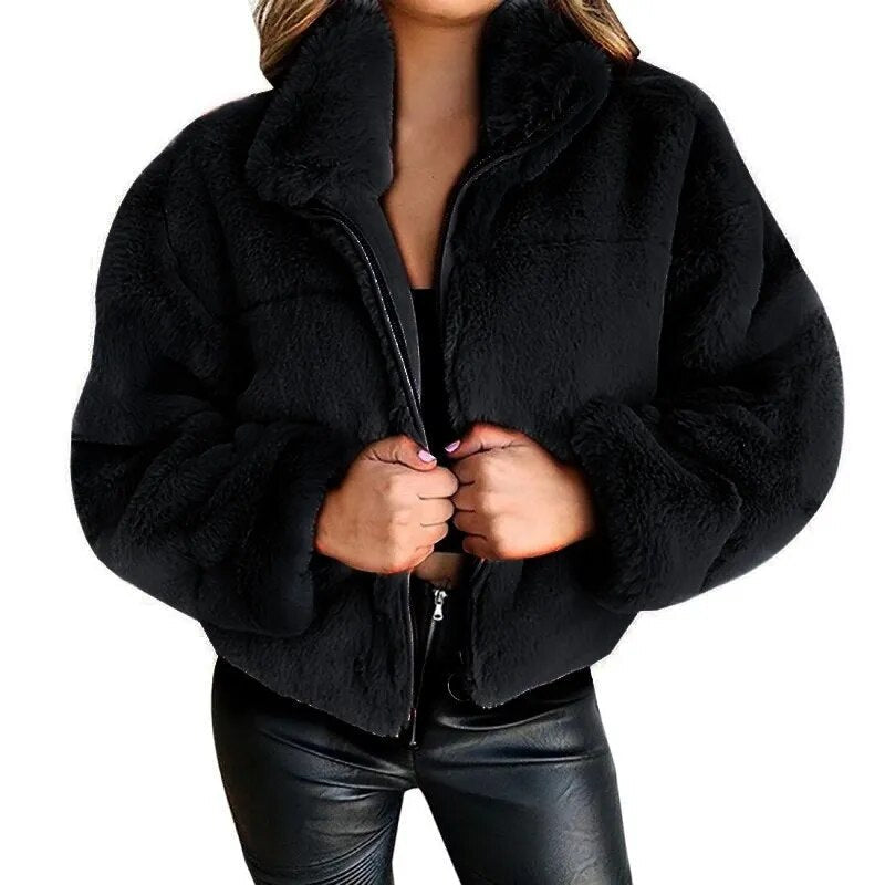 Street Wave Faux Fur Jacket For Women Oversized Cozy Warm High Collar Full Zip Streetwear Essential
